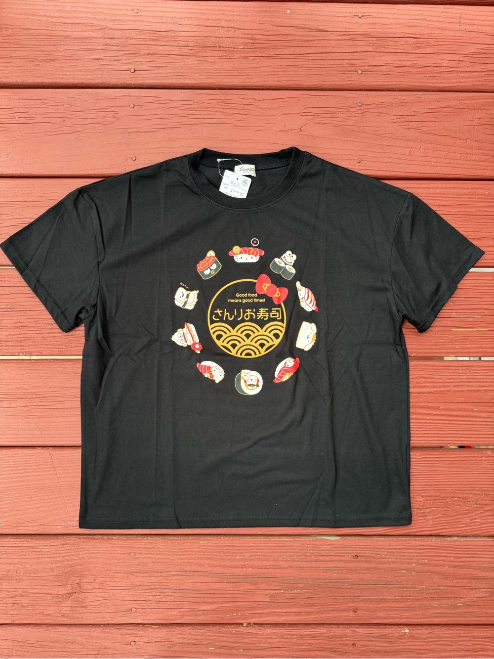 Sanrio Black Short Sleeve Sushi Graphic Tee with Red & Yellow Accents